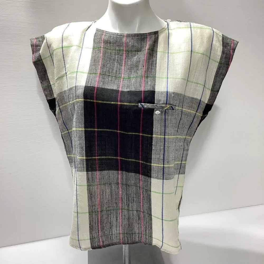 Vintage Liz Claiborne Linen Blouse Size 12 Black White Gray Plaid Grid Print - Picture 1 of 9